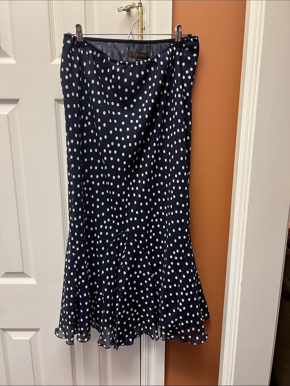 Chadwicks Navy and White Polka Dot Flared A-Line Skirt